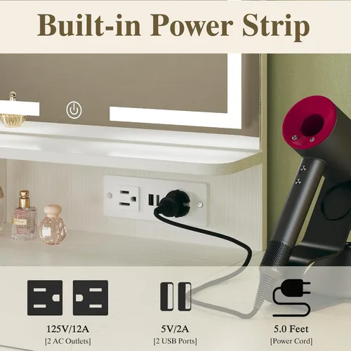 Miniatura 5 de HUAHUU Pequeño escritorio de tocador con espejo y luces, tocador de maquillaje con cajón de almacenamiento de tela, silla y tres estantes, tocador