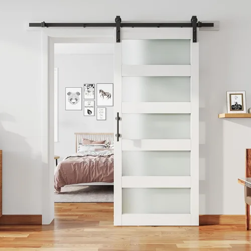 Miniatura 9 de Puerta de granero de vidrio de 32 x 84 pulgadas y kit de herrajes de 6 pies incluido, losa de puerta de granero blanco MDF con vidrio esmerilado