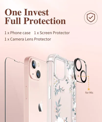Miniatura 7 de GVIEWIN Funda diseñada para iPhone 13 de 6.1 pulgadas, con protector de pantalla de vidrio templado + protector de lente de cámara, flor
