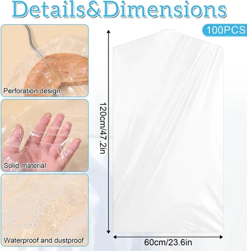 Miniatura 7 de Paquete de 100 bolsas de ropa para colgar ropa, bolsas de plástico para limpieza en seco, fundas de ropa transparentes para tintorería