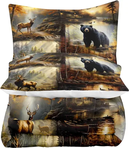 Miniatura 5 de LUVIVIHOME Juego de edredón de 3 piezas con diseño de osos negros y ciervos tamaño King, con estampado de alces, alces, patos Mallard, animales Oso