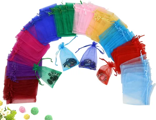 Miniatura 29 de Wudygirl 100 bolsas de organza de 3.9 x 4.7 pulgadas, bolsas de regalo transparentes con cordón, para bodas, fiestas, joyas, perfumes, sobres