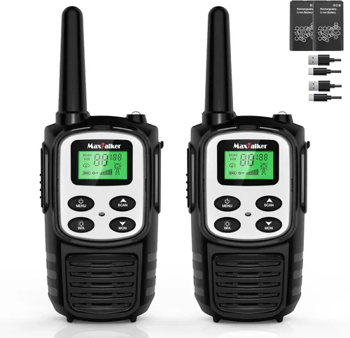 Miniatura 12 de Walkie Talkies MaxTalker de largo alcance para adultos, MT10 Walkie Talkies recargables FRS de 2 vías, NOAA, batería de 1200mAh Li-ion con cable