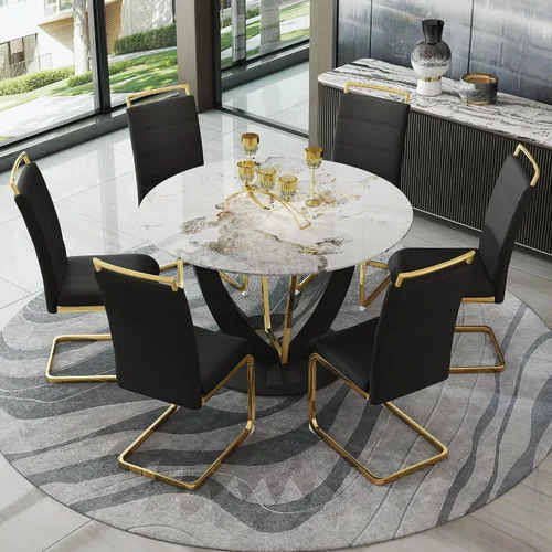 Miniatura 28 de JUFU Juego de mesa de comedor redonda para 4, mesa de comedor de 48 pulgadas con mesa de mármol sintético y 4 sillas tapizadas, moderno juego