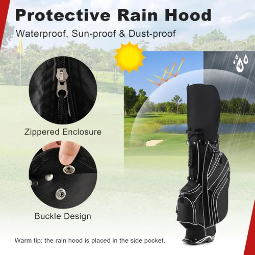 Miniatura 5 de GYMAX Bolsa de golf con divisor de 6 vías, bolsa de club de golf con 8 bolsillos, capucha para lluvia, soporte para paraguas y calcomanía