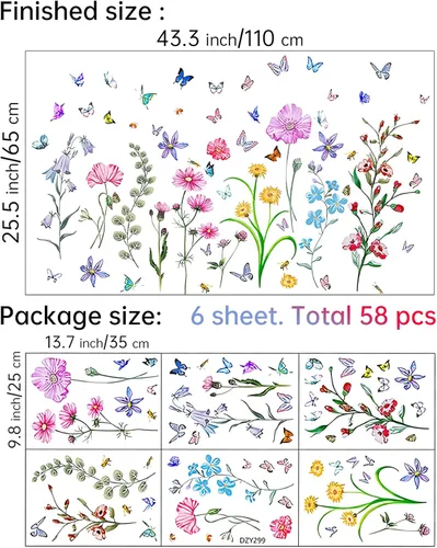 Miniatura 3 de Calcomanías de pared de flores coloridas con mariposa y abeja, 58 unidades, calcomanías de pared de flores extraíbles, bricolaje para despegar y 58