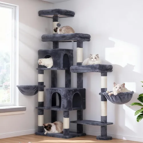 Miniatura 13 de Hey-brother - Árbol rascador para gatos con torre, postes rascadores con parte extendida, plataformas anchas, acogedores condominios, hamacas