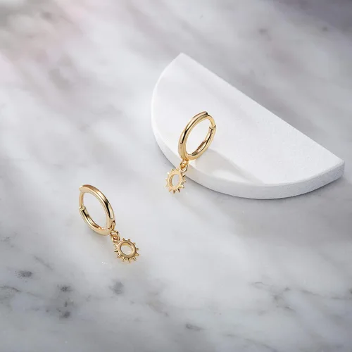 Miniatura 4 de SANNYRA Aretes de aro para mujer, chapados en oro de 14 quilates, circonita cúbica, luna, estrella, rayo, mal de ojo, aretes colgantes para mujer