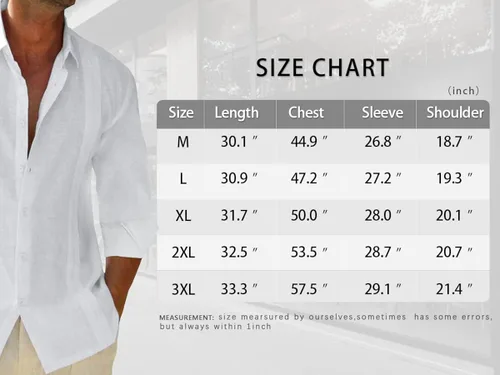 Miniatura 6 de JEKAOYI Camisas de lino con botones para hombre, estilo casual, manga larga, ajuste regular, de algodón, camisas de playa con bolsillo