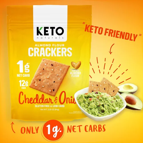 Miniatura 4 de Keto Crackers galletas bajas en carbohidratos (cheddar y cebolla), galletas cetogénicas, casi cero carbohidratos sin azúcar (paquete de 3) harina