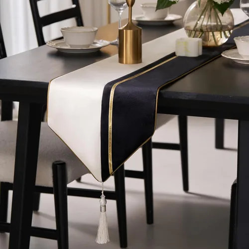 Avigers Camino de mesa negro dorado con borlas, 12 x 59 pulgadas, moderno camino de mesa geométrico de lujo para mesa auxiliar, mesa de comedor,