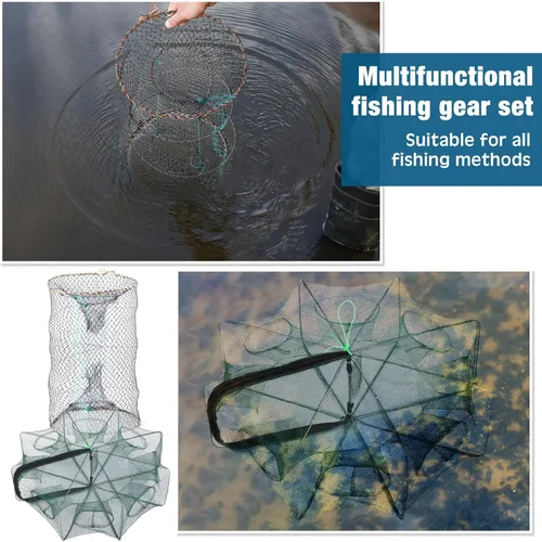 Miniatura 7 de 6 trampas de red de pesca plegables portátiles, trampa para cangrejos, trampa para pececillos, red de aterrizaje de pesca con mango de caña