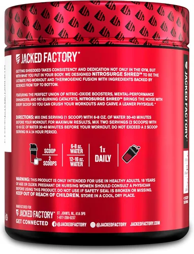 Miniatura 7 de Jacked Factory - Nitrosurge Shred, suplemento preentrenamiento - Potenciador de energía, aumento de fuerza, concentración, bombeo potente