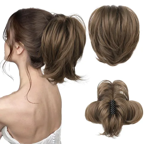 Miniatura 13 de HOOJIH - Pieza de cabello con moño desordenado, clip de garra en moño de cabello liso de 9 pulgadas, extensión de cola de caballo corta con alambre