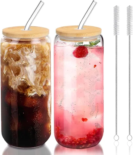 Juego de 2 tazas de vidrio con tapas y pajitas, tazas de café helado con tapas para cerveza fría y cerveza, vidrio en forma de lata de 20 onzas con