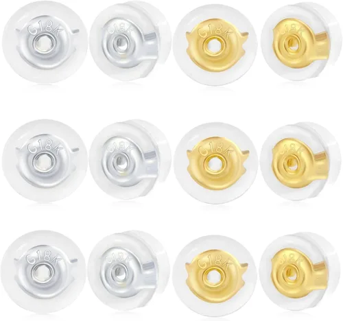 Miniatura 7 de 14 piezas de aretes de goma de oro de 18 quilates para orejas caídas, soportes de silicona transparente para aretes pesados