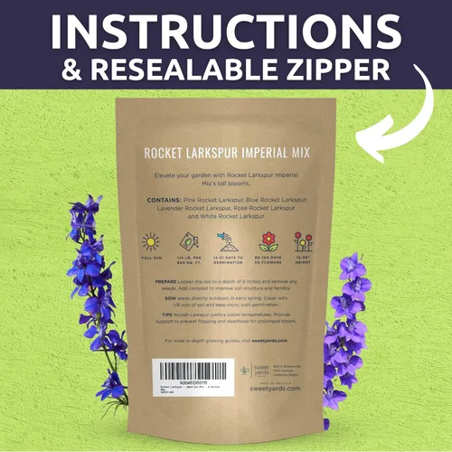 Miniatura 4 de Rocket Larkspur Imperial Mix - Bolsa a granel de 1/4 libra - 30,000 semillas de flores para plantar - Consolida ajacis