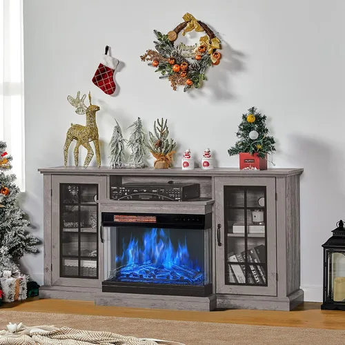 Miniatura 8 de LUXOAK Soporte de TV para Chimenea con Chimenea Eléctrica de Vidrio de 3 Lados, Centro de Entretenimiento Multimedia de 59" con Gabinete de Gris