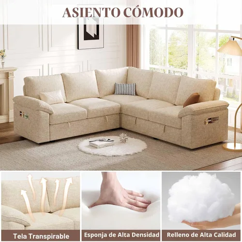 Miniatura 5 de Sofá Seccional Modular de 85 Pulgadas con Cama Extraíble, Sofá Cama Seccional en Forma de L de 5 Asientos con Almacenamiento, Sofás Seccionales