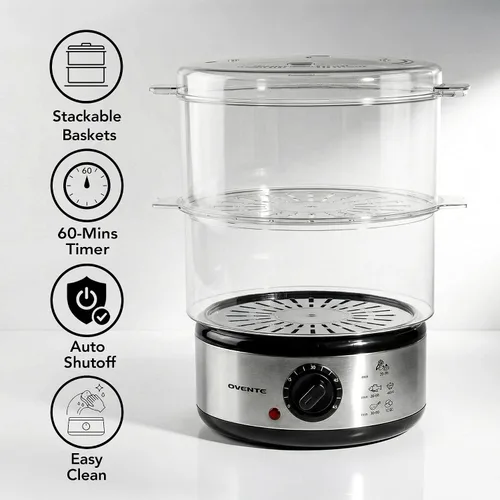 Miniatura 2 de OVENTE Vaporizador eléctrico de alimentos de 2 niveles, olla de vapor apilable de acero inoxidable de 5 cuartos de galón con potencia de 400 W