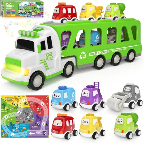 Camión de juguete 7 en 1 para niños de 2, 3, 4, 5 años, camión transportador ecológico de 17 pulgadas más largo con 6 bonitos autos y tapete de