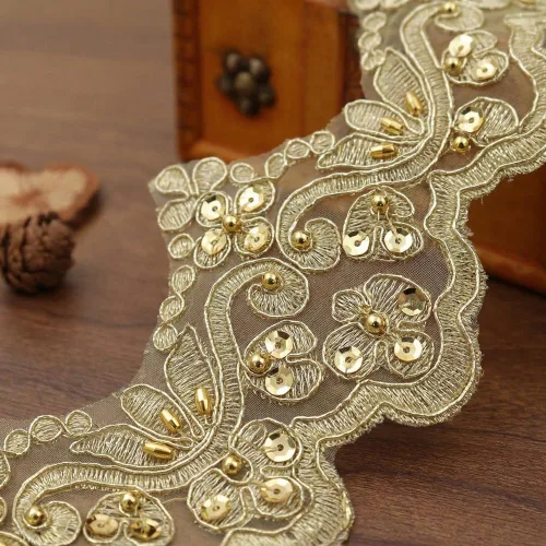 Miniatura 6 de IDONGCAI Cinta metálica de lentejuelas 3D con ribete de encaje dorado vintage para alteraciones de vestidos de novia, manualidades de cabaña