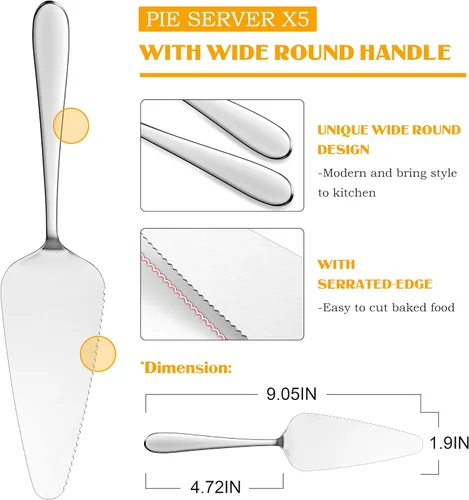 Miniatura 2 de E-far Servidor de pastel de 5 piezas, cortador de espátula de acero inoxidable para pasteles y queso pizza, borde dentado con mango ovalado, pulido