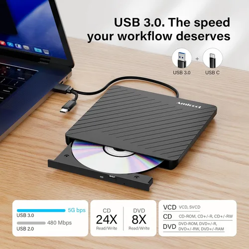 Miniatura 6 de Amicool Grabador externo USB-C USB 3.0 CD/DVD +/-RW, lector de DVD portátil ultrafino para Mac iMac MacBook, Windows 11/10/8 Linux, computadora