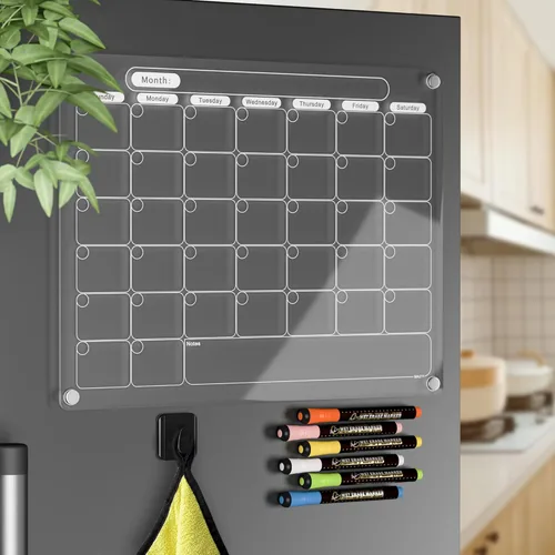 Calendario magnético acrílico de borrado en seco para nevera, planificador mensual transparente de pizarra blanca borrable de 16 x 12 pulgadas con