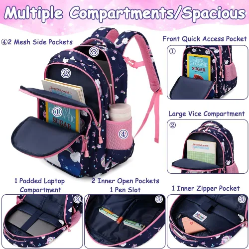 Miniatura 17 de Juego de mochila para niñas y adolescentes, mochila escolar para niños con bolsa para el almuerzo, estuche para lápices, mochilas escolares