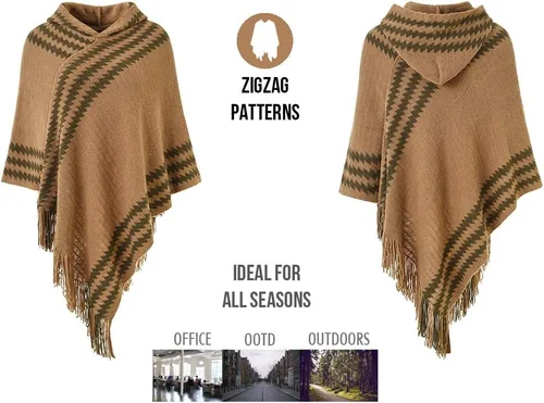 Miniatura 3 de Ferand Women's Hooded Zigzag Striped Knit Cape Poncho Sweater with Fringes