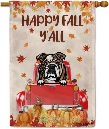 Miniatura 16 de Bandera con texto en inglés «Happy Fall Y'all» con diseño de perro inteligente con calabaza en camión rojo y hojas de arce, pancarta de otoño