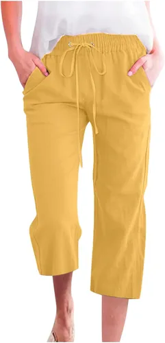 Miniatura 25 de Ceboyel Pantalones capri para mujer para verano, cintura elástica, pantalones de yoga, con cordón, pantalones de lino, pantalones de entrenamiento