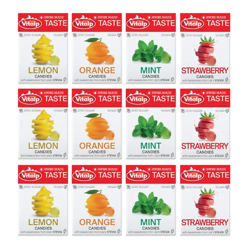 Miniatura 25 de Vitalp Taste, hecho en Suiza, caramelo duro sin azúcar con Stevia, vegano, sabor a caramelo cremoso, paquetes de 25g/0.88 onzas, 16 cajas