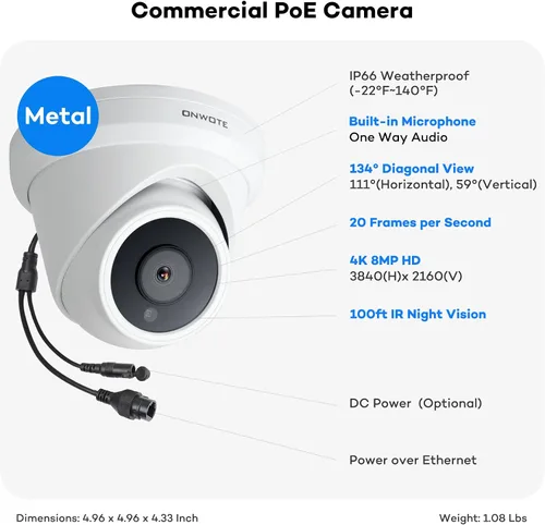 Miniatura 6 de Onwote - Sistema de cámara de seguridad de 16 canales 4K PoE, NVR comercial de 12MP 16CH 4TB, 16x cámaras IP exteriores de 8MP con audio de 134°
