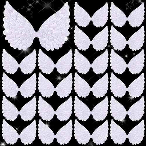 HINZIC 50 parches de alas de ángel blancas, alas en relieve con purpurina de 3.46 pulgadas para manualidades, apliques bordados, adornos de San