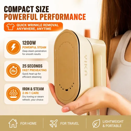 Miniatura 2 de YIKA Plancha de vapor para ropa, plancha vaporizadora de prendas de mano 2 en 1, calentamiento de 25s, suela de cerámica, removedor de arrugas
