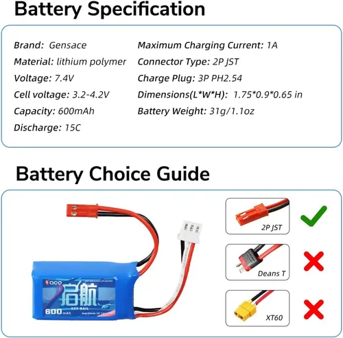 Miniatura 7 de Radiolink Gensace - Batería LiPo de 7.4 V 2S 15C 600 mAh JST 2 pines conector recarga polímero de litio para RC A560/SU27/D460 Airplane/RC4GS