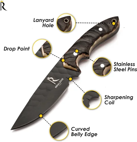 Miniatura 2 de Cuchillo de hoja fija – Cuchillo de caza de 9" recubierto en negro con punta de gota con funda de cuero - Espiga completa de acero al carbono