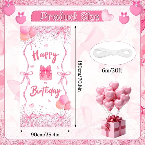 Miniatura 4 de Cartel de puerta de cumpleaños con lazo rosa para decoración de fiesta de cumpleaños con lazo rosa, cubierta de puerta de cumpleaños, pancarta