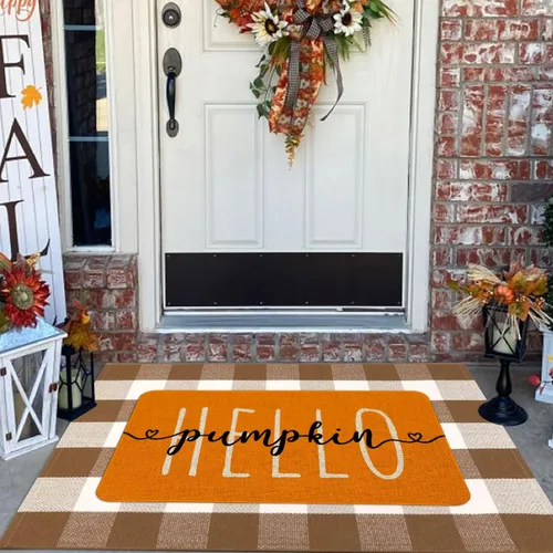 Miniatura 2 de Mloabuc Felpudo decorativo de otoño naranja con texto divertido de calabaza de bienvenida, tapete para interiores, decoración creativa de temporada