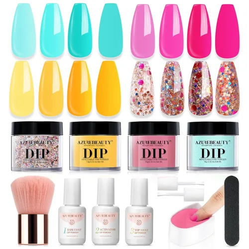 Miniatura 16 de Azurebeauty - Kit de iniciación de uñas de polvo de inmersión, primavera y verano, tonos pastel verde brillante, rosa intenso, púrpura, 4