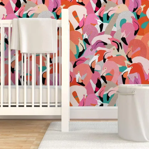 Miniatura 6 de Spoonflower Despegar y pegar muestra de papel tapiz - Naranja Rosa Grande Flamenco Pájaro Plumas Tropical Florida Coastal Collage Ilustración Casa