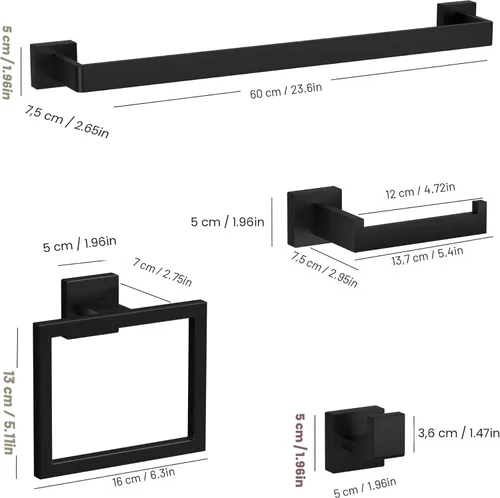 Miniatura 2 de Juego de accesorios de baño negro mate de 10 piezas, juego de barra de toalla de baño de 23.6 pulgadas, juego de hardware de baño de acero