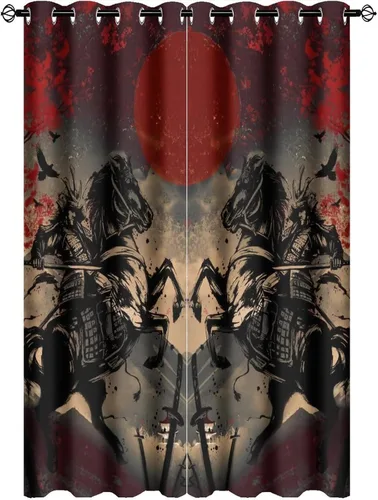 Miniatura 26 de Cortinas opacas abstractas japonesas samuráis para dormitorio, caballo samurái rústico, rojo, ojal, aislamiento térmico, cortinas de oscurecimiento