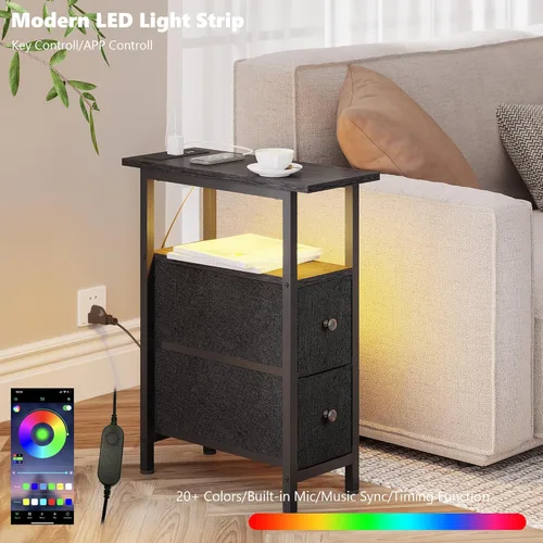 Miniatura 4 de TRIFEBLE Mesa auxiliar con estación de carga, mesa auxiliar estrecha con 2 cajones de tela, mesita de noche delgada con luz LED, mesita de noche