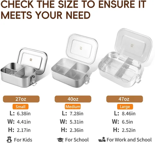 Miniatura 4 de GOLDEN KEY Caja Bento de acero inoxidable de 27 onzas para niños, lonchera de acero inoxidable de 27.1 fl oz con contenedor de condimentos a prueba