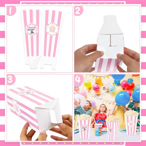 Miniatura 3 de K KUMEED 20 cajas grandes de regalo de palomitas de maíz para noche de película, 7.8 pulgadas de alto, cuencos de palomitas de maíz a rayas rosas