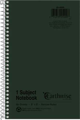 Ampad Cuaderno de un solo alambre, reciclado, tamaño 8 x 5, 1 sujeto, cubierta verde, rayas estrechas, sin 3 agujeros perforados, 80 hojas por