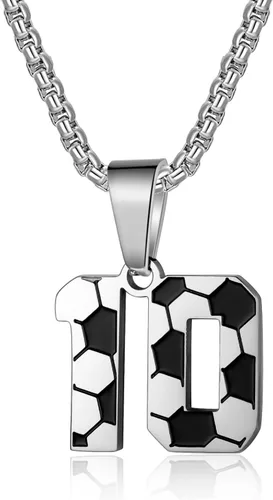 ZRAY Collar con número de fútbol para hombre, dije de acero inoxidable, cadena de plata de 22 + 2 pulgadas, regalo de fútbol personalizado para
